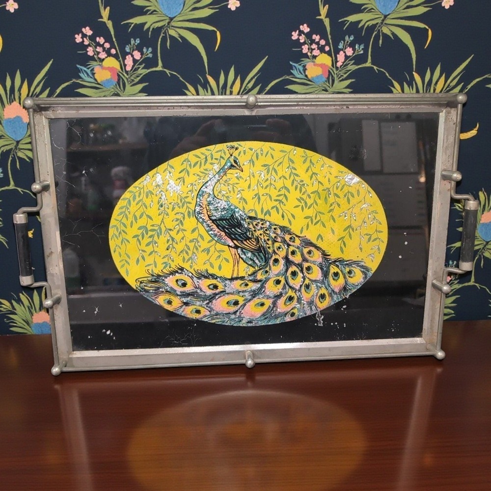 Peacock Serving Tray with Gold Foil Backing, Vintage‎ Reverse Painted Carrier